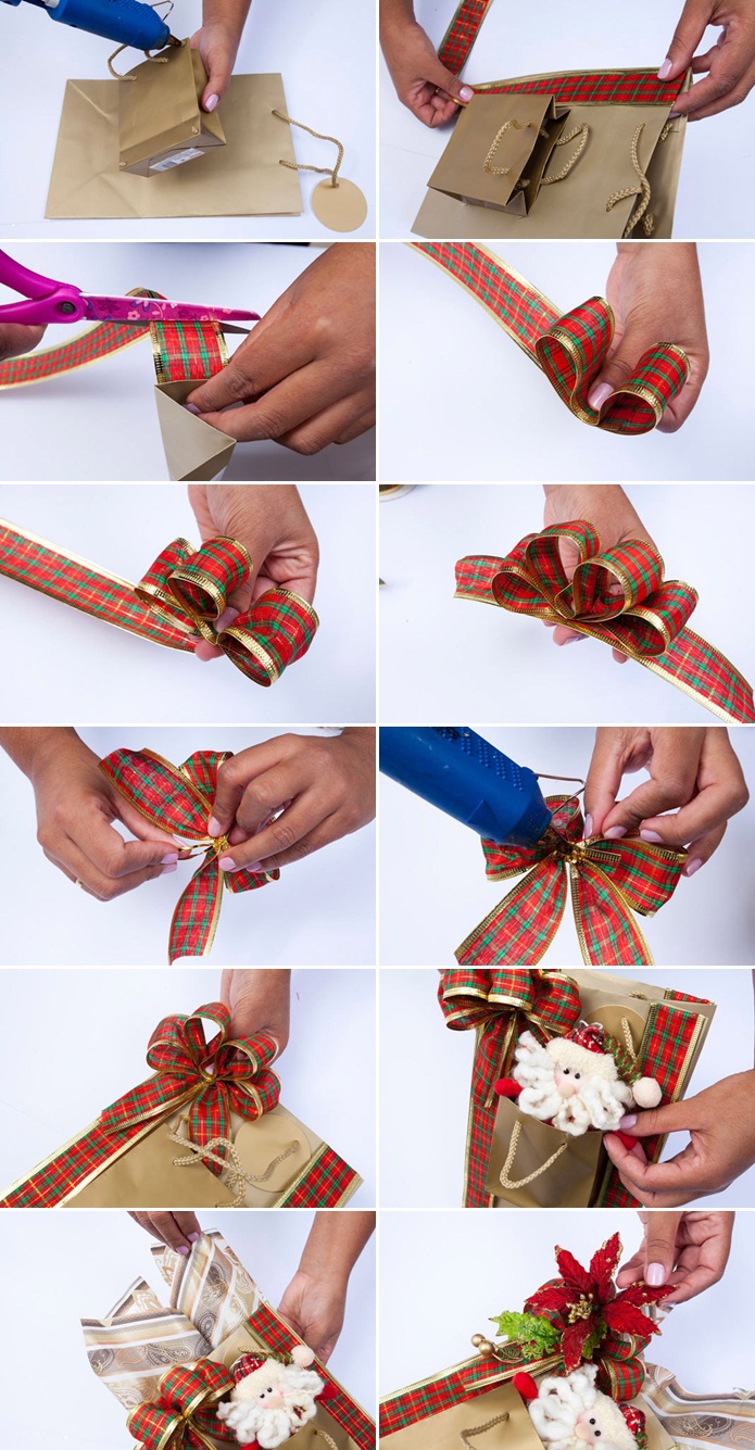 DIY Christmas gift wrap ideas - Handmade bows, gift bags and toppers