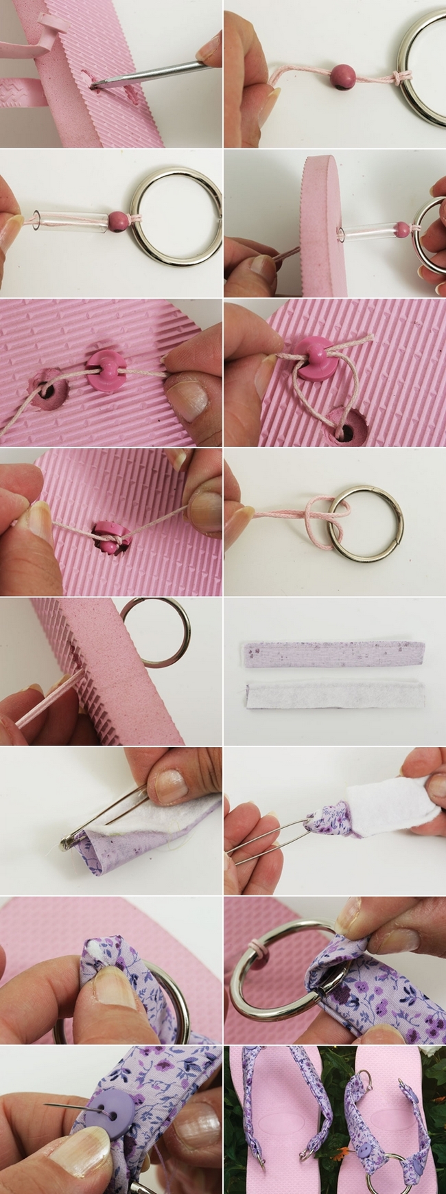 diy flip flops project pink sandals purple fabric metall ring