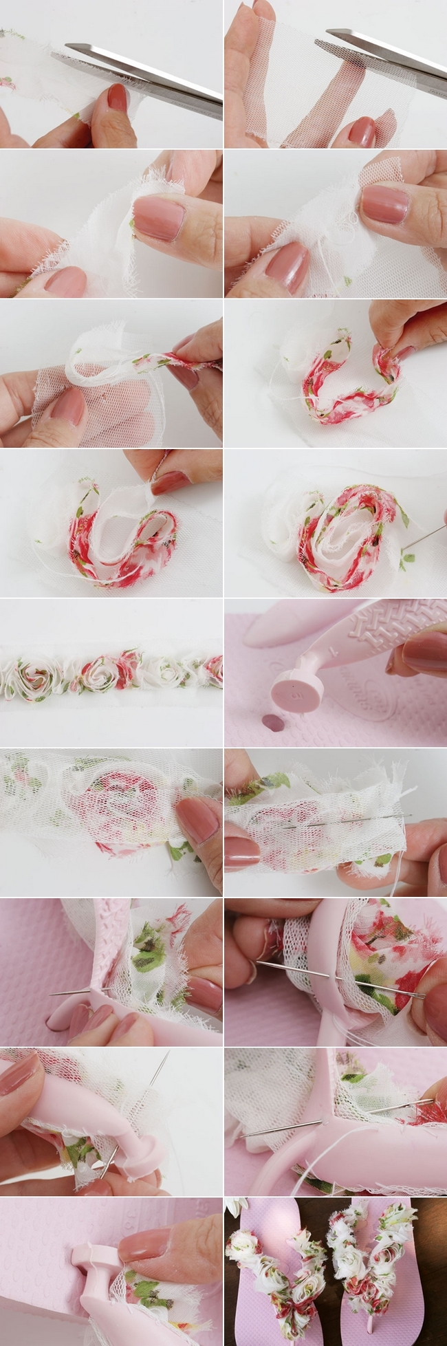 diy flip flops tutorial light pink fabric scraps floral pattern